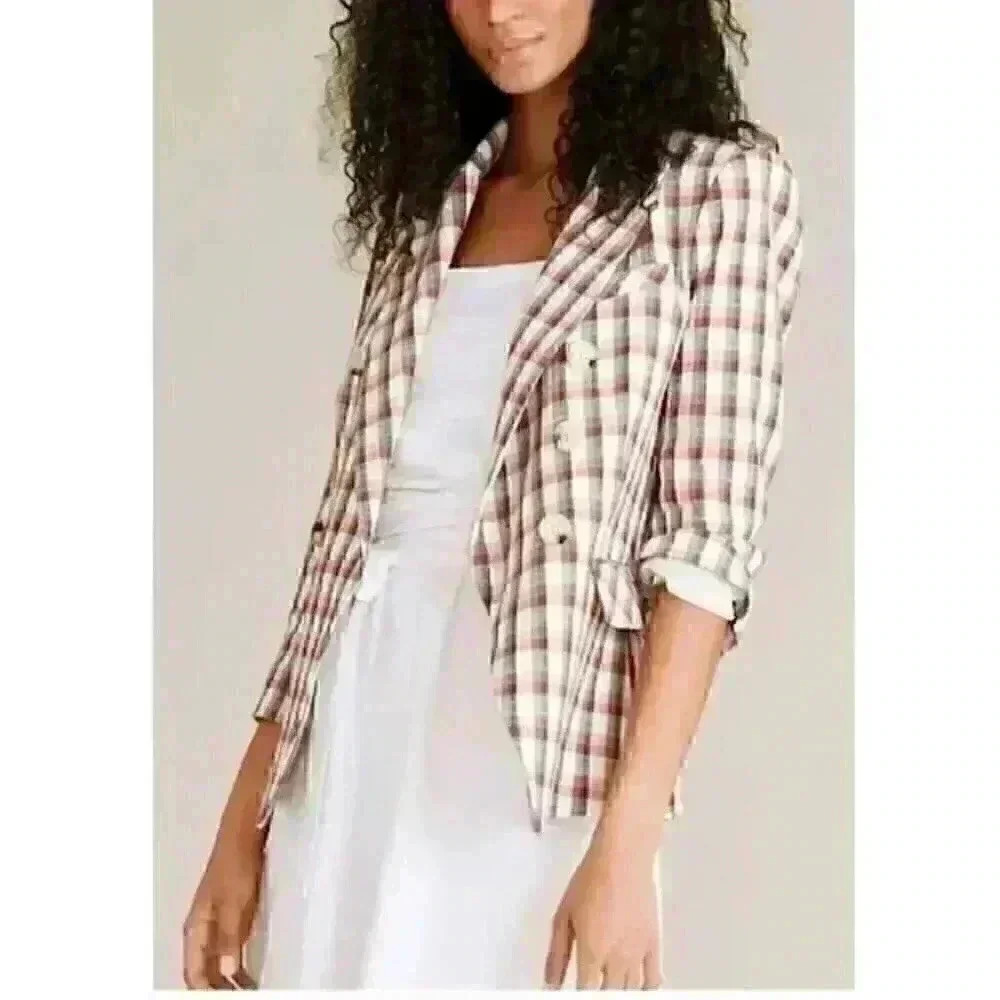 Joie Anilah Double Breasted Blazer Jacket Small‎ Brown Rust White Plaid Academia